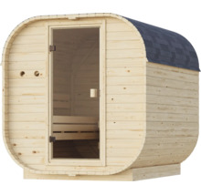 Fasssauna aus Holz für den Garten mit einer verglasten Tür und einem abgerundeten Dach mit Bitumenschindeln
