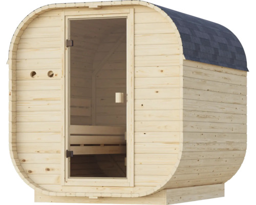 Fasssauna aus Holz für den Garten mit einer verglasten Tür und einem abgerundeten Dach mit Bitumenschindeln
