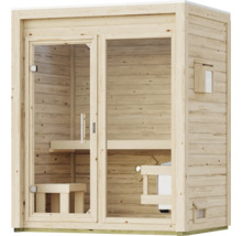 Massivholzsauna für den Innenbereich mit Glastür und integriertem Saunaofen