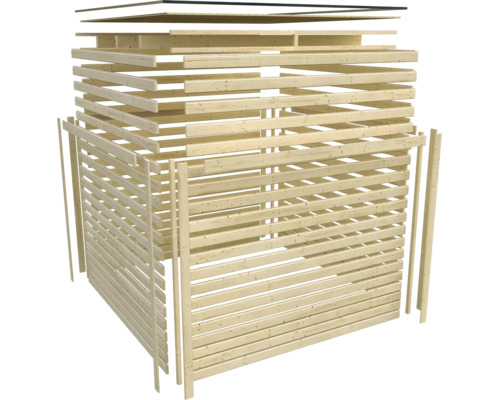 Bausatz für eine Mülltonnenbox aus Holz in Elementbauweise zur Selbstmontage.