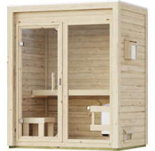 Massivholzsauna für den Innenbereich mit Glaselementen und integriertem Saunaofen