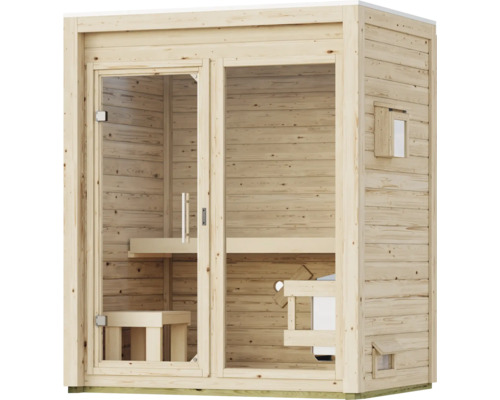 Massivholzsauna für den Innenbereich mit Glaselementen und integriertem Saunaofen