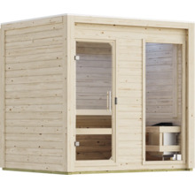 Moderne Elementsauna aus naturbelassenem Massivholz mit Ganzglastür und Sichtfenster