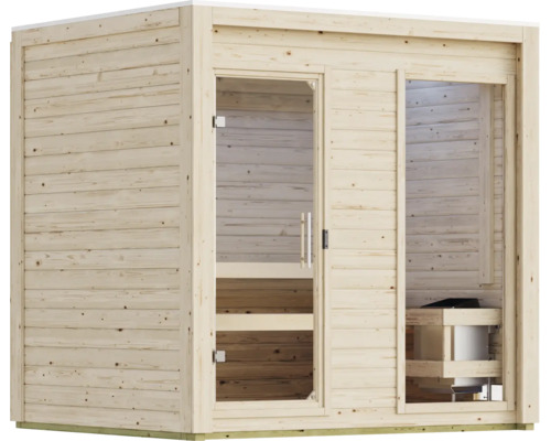 Moderne Elementsauna aus naturbelassenem Massivholz mit Ganzglastür und Sichtfenster