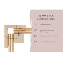 Grafik zum 38 Millimeter Steckschraubsystem für Gartenhäuser mit Hinweisen zur einfachen Montage und Stabilität der Holzprofile.