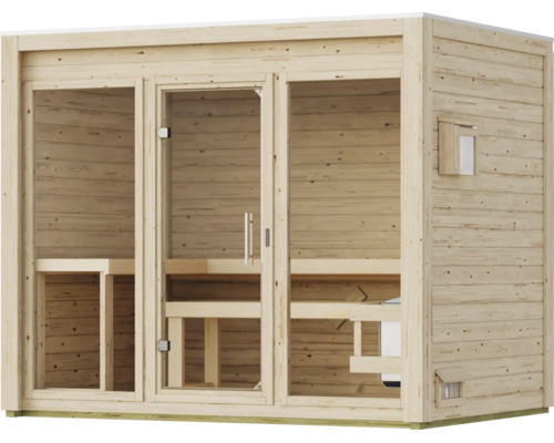 Moderne Gartensauna aus Holz mit großen Glaselementen, Glastür und integrierter Innenbank.