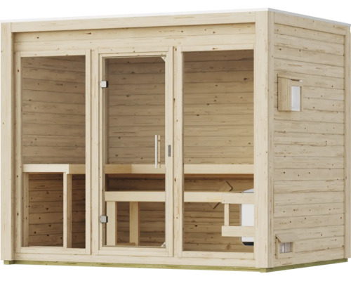 Moderne Gartensauna aus Massivholz mit großflächiger Glasfront und integrierter Inneneinrichtung zur Entspannung im Außenbereich.