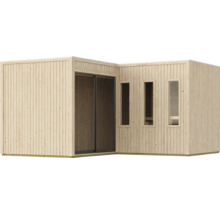Modernes Holzgartenhaus mit vertikaler Schalung, Schiebetür und drei schmalen Fenstern für den Außenbereich.