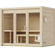 Gartensauna aus Holz mit Glasfront und Saunabänken für den Außenbereich.