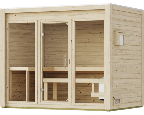 Gartensauna aus Holz mit Glasfront und Saunabänken für den Außenbereich.