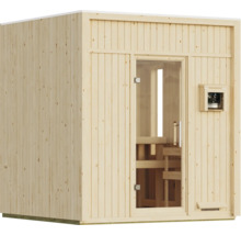 Moderne Elementsauna aus naturbelassenem Fichtenholz mit einer Ganzglastür und integriertem Steuergerät an der Vorderseite.