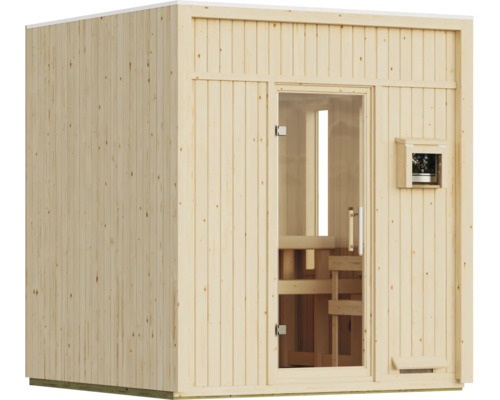 Moderne Elementsauna aus naturbelassenem Fichtenholz mit einer Ganzglastür und integriertem Steuergerät an der Vorderseite.