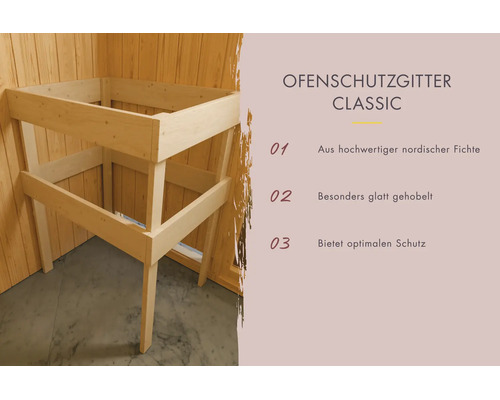 Sauna Ofenschutzgitter Classic aus nordischer Fichte mit glatter Oberfläche für optimalen Schutz vor dem Saunaofen.