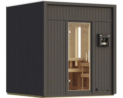 Moderne Gartensauna mit Flachdach und Glasfronttür, gefertigt aus robustem Holz mit vertikaler Lamellenoptik und integriertem Steuerungselement.