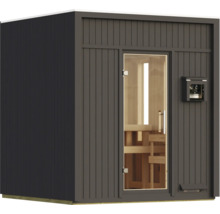 Moderne Gartensauna mit Flachdach und Glasfronttür, gefertigt aus robustem Holz mit vertikaler Lamellenoptik und integriertem Steuerungselement.
