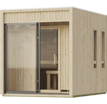 Moderne Heimsauna aus Massivholz mit großer Glasfront und Schiebetür sowie zwei seitlichen Fenstern.