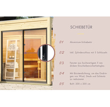 Aluminium Schiebetür für Gartenhäuser mit Einscheibensicherheitsglas und Zylinderschloss, Maße 200 mal 200 Zentimeter, mit Bürstendichtung.