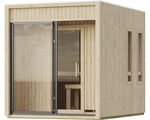 Moderne Gartensauna aus Holz mit Glasfront Schiebetür und schmalen Seitenfenstern für den Außenbereich
