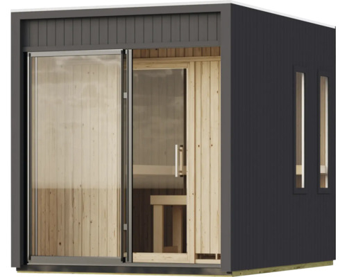 Moderne Gartensauna mit Holzwänden im Innenbereich, Glasfront und schmalen Seitenfenstern in einem dunklen Gehäuse.
