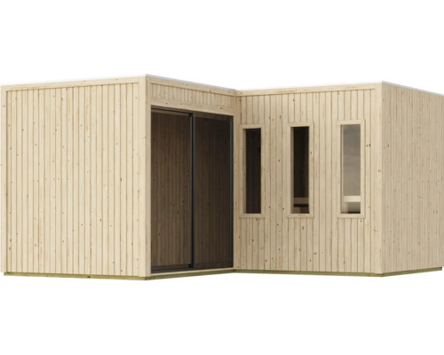 Modernes Gartenhaus aus Holz mit senkrechter Verschalung, Schiebetür und drei schmalen Fenstern für den Außenbereich.