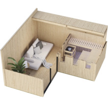 Draufsicht einer hölzernen Gartensauna mit integriertem Ruhebereich, Sofa, Beistelltisch und Zimmerpflanze.