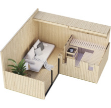 Gartensauna aus Holz mit integriertem Ruhebereich inklusive Sofa und Pflanze in einer Draufsicht.