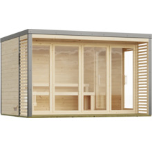 Moderne Gartensauna aus Holz mit großen Glaselementen und Flachdach für den Außenbereich.