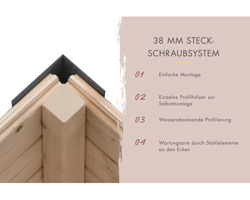 Detailansicht eines 38 Millimeter Steckschraubsystems für Gartenhäuser mit Holzprofilen und Metalleckverbindungen für einfache Montage.