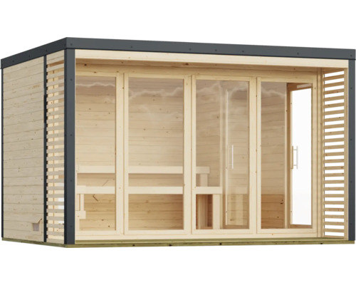 Moderne Gartensauna aus Holz mit großer Glasfront und Flachdach für den Außenbereich