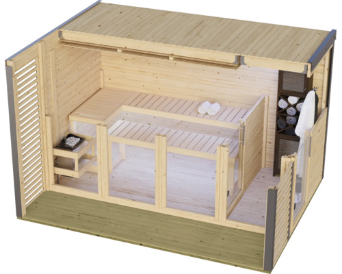 Moderne Gartensauna aus Holz mit Glasfront, Innenbänken, Saunaofen und integriertem Regalbereich fuer eine entspannte Wellnessoase im eigenen Garten.