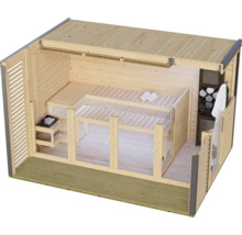 Moderne Gartensauna aus Holz mit Glasfront, Innenbänken, Saunaofen und integriertem Regalbereich fuer eine entspannte Wellnessoase im eigenen Garten.