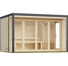 Moderne Gartensauna aus Holz mit grosser Glasfront und Flachdach für den Aussenbereich.