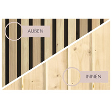 Holzwand im Detailvergleich mit strukturierter Lamellenoptik für außen und glatten Profilholzbrettern für innen.