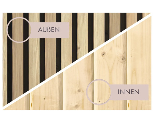 Holzwand im Detailvergleich mit strukturierter Lamellenoptik für außen und glatten Profilholzbrettern für innen.