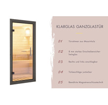 Saunaglastür aus Klarglas mit Holzrahmen und einer Liste von fünf Produktmerkmalen.