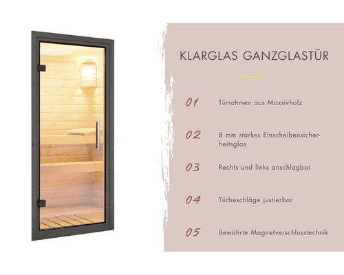 Saunaglastür aus Klarglas mit Holzrahmen und einer Liste von fünf Produktmerkmalen.