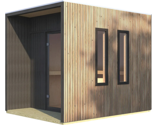 Moderne Garten-Sauna aus Holz mit vertikaler Lamellenverkleidung und zwei schmalen Fenstern sowie verglaster Tür.