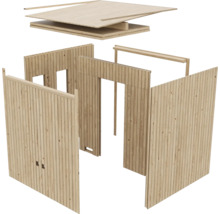 Bausatz für ein Holzgerätehaus mit vormontierten Wandelementen und Dachplatten in Modulbauweise