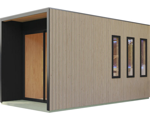 Modernes Gartenhaus aus Holz mit vertikaler Lamellenverkleidung, Flachdach und drei schmalen Fenstern für eine elegante Außenoptik.