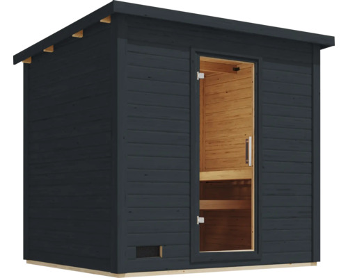 Moderne Gartensauna mit Flachdach und Glastür, gefertigt aus massivem Holz mit sichtbaren Innenraum-Holzpaneelen und Sitzbänken.