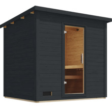 Gartensauna aus Holz mit Pultdach und verglaster Tür für den Außenbereich