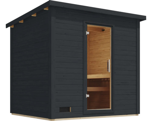 Gartensauna aus Holz mit Pultdach und verglaster Tür für den Außenbereich