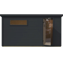 Modernes Gartenhaus mit Flachdach, horizontaler Holzschalung und einer Glasflügeltür sowie einem seitlichen Oberlicht.