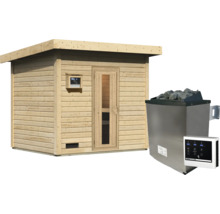 Gartensauna aus Holz mit Pultdach, Glastür und inklusive Saunaofen mit Steuergerät.