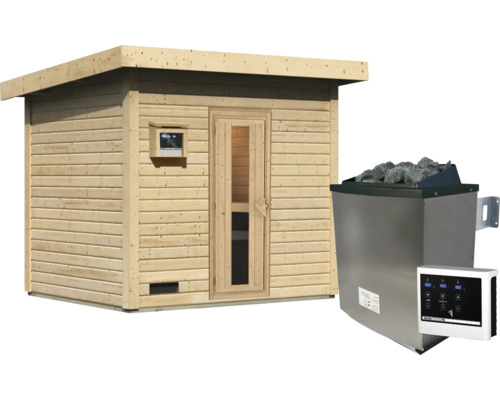 Gartensauna aus Holz mit Pultdach, Glastür und inklusive Saunaofen mit Steuergerät.