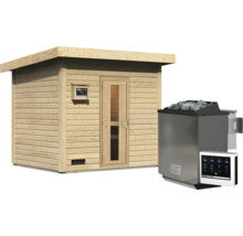 Gartensauna aus Holz mit Pultdach, Tür mit Glaseinsatz und Saunaofen mit Steinen und externem Bedienfeld zur Steuerung des Saunaklimas.