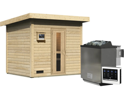 Gartensauna aus Holz mit Pultdach, Tür mit Glaseinsatz und Saunaofen mit Steinen und externem Bedienfeld zur Steuerung des Saunaklimas.
