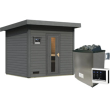 Gartensauna aus Holz mit Pultdach, Glastür und separatem Saunaofen mit Steinen und digitalem Steuergerät für den Außenbereich