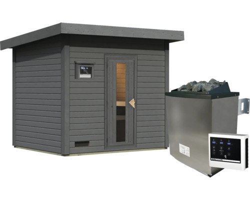 Gartensauna aus Holz mit Pultdach, Glastür und separatem Saunaofen mit Steinen und digitalem Steuergerät für den Außenbereich