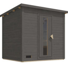 Gartensauna aus Holz mit Pultdach und einer Tür mit Glaseinsatz